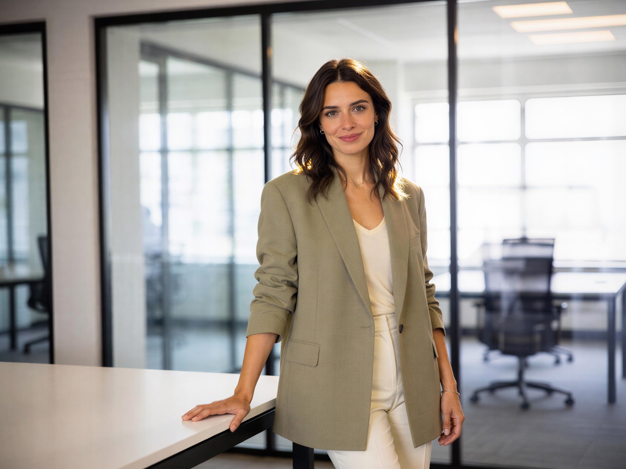 A woman in a blazer in a glass office
