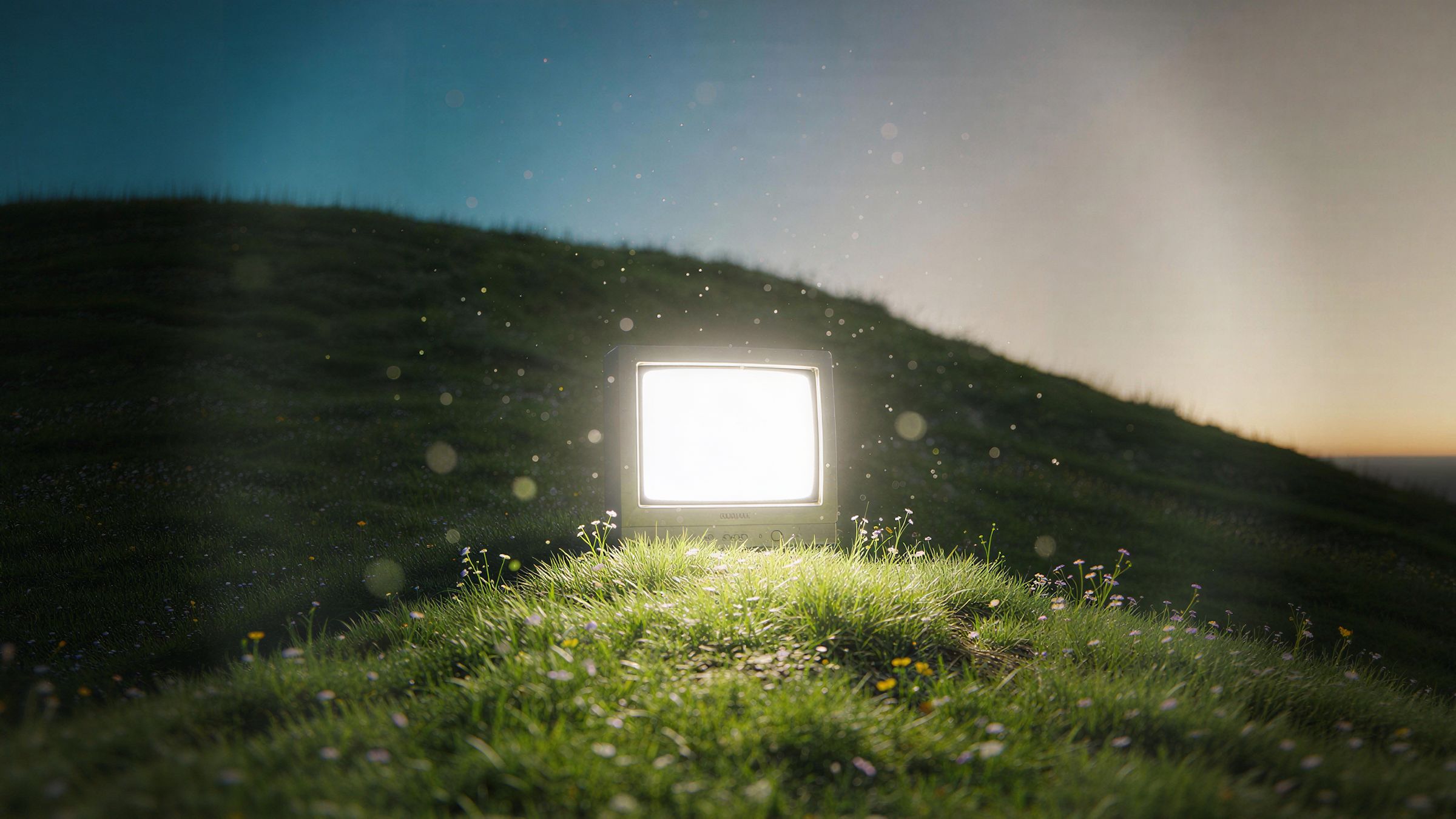 A glowing TV on a grassy hill at dusk