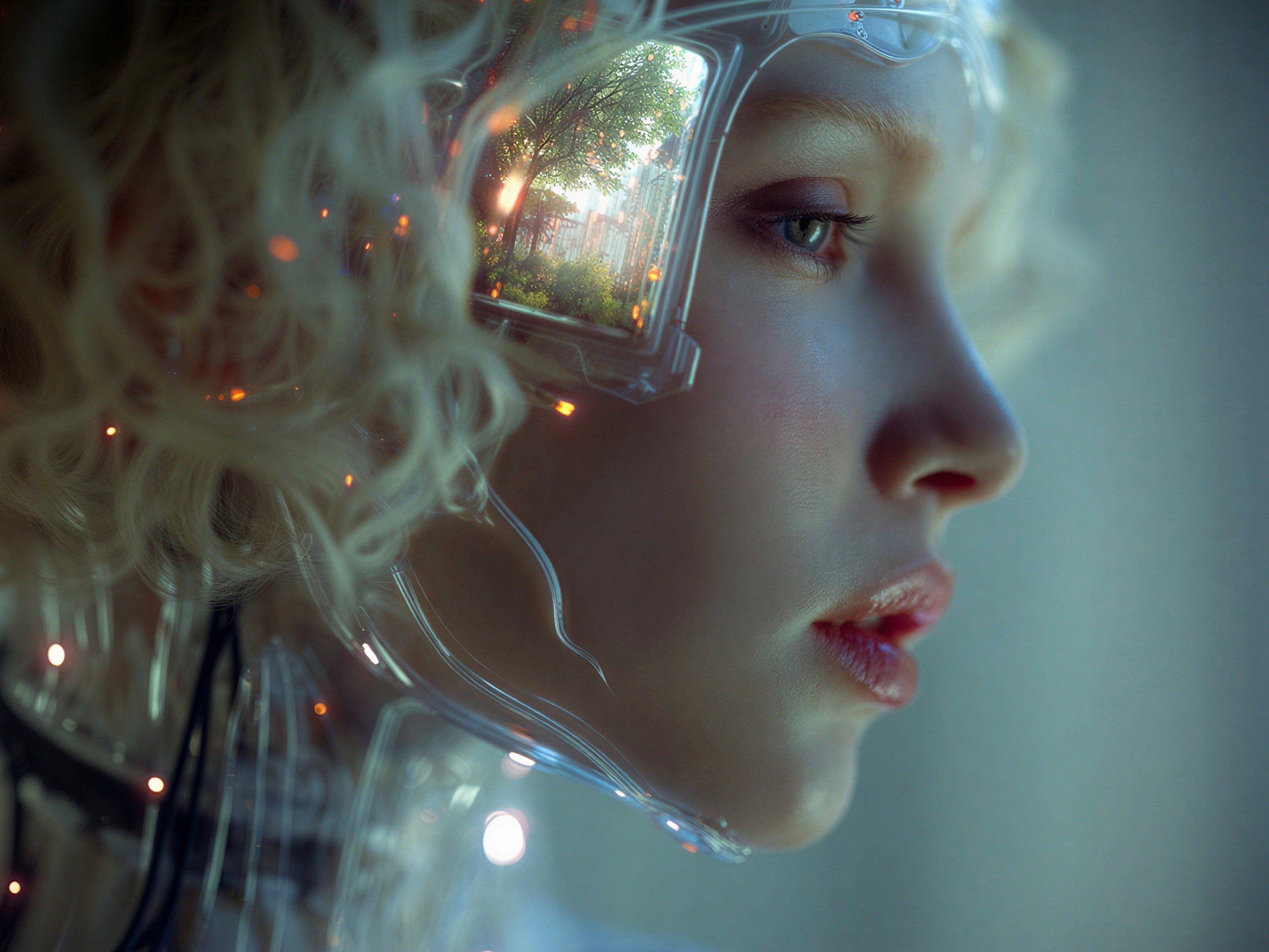 A portrait wearing a transparent visor reflecting trees