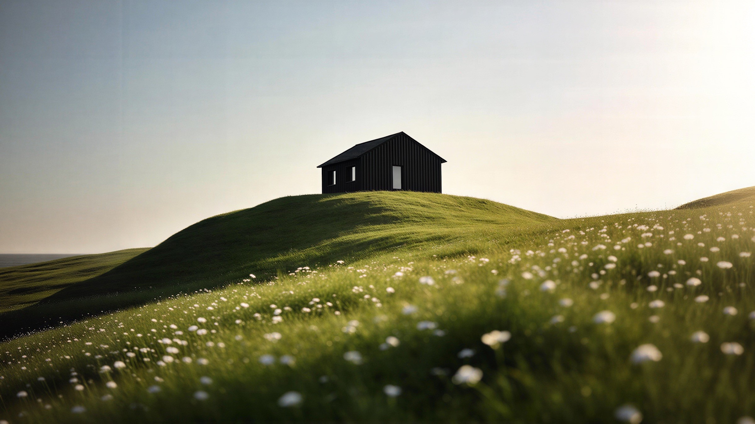 A black cabin in a meadow