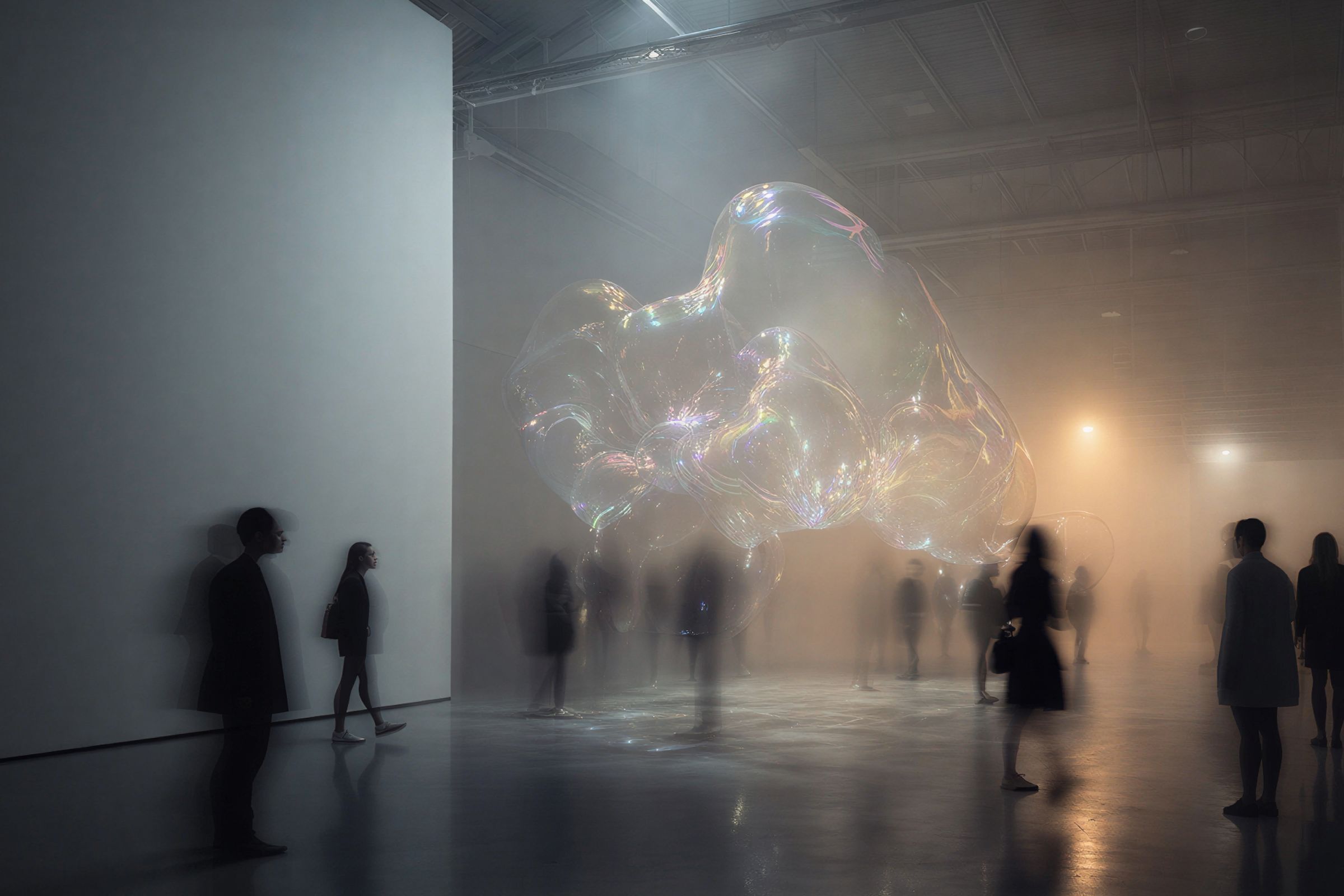 A dreamlike gallery scene with an iridescent bubble